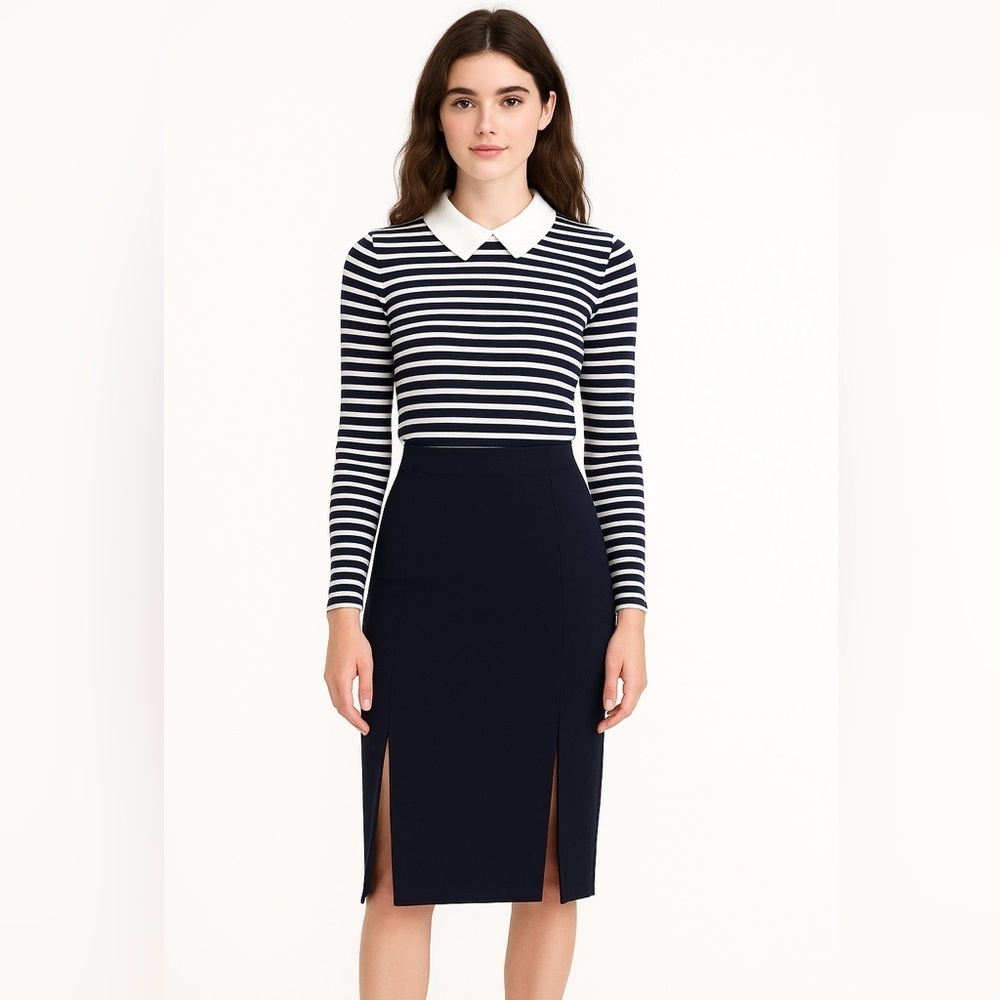N/Nicholas navy blue double slit front below the knee ponte pencil skirt. Size 6
